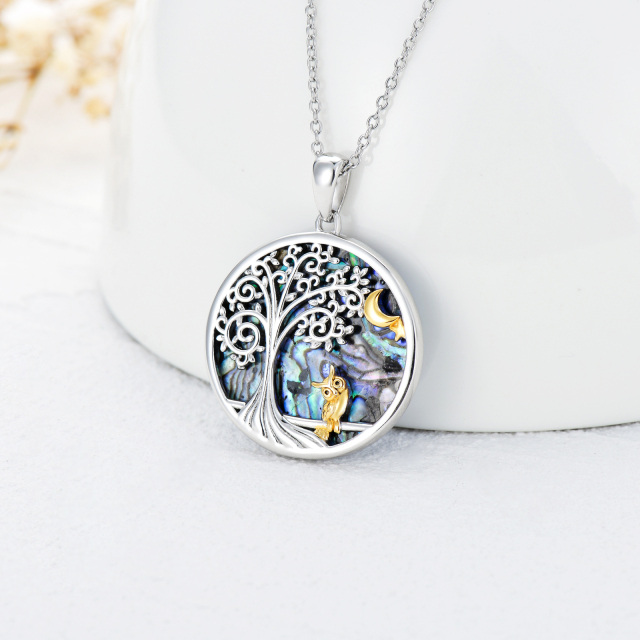 Sterling Silver Two-tone Circular Shaped Abalone Shellfish Owl & Tree Of Life Pendant Necklace-3