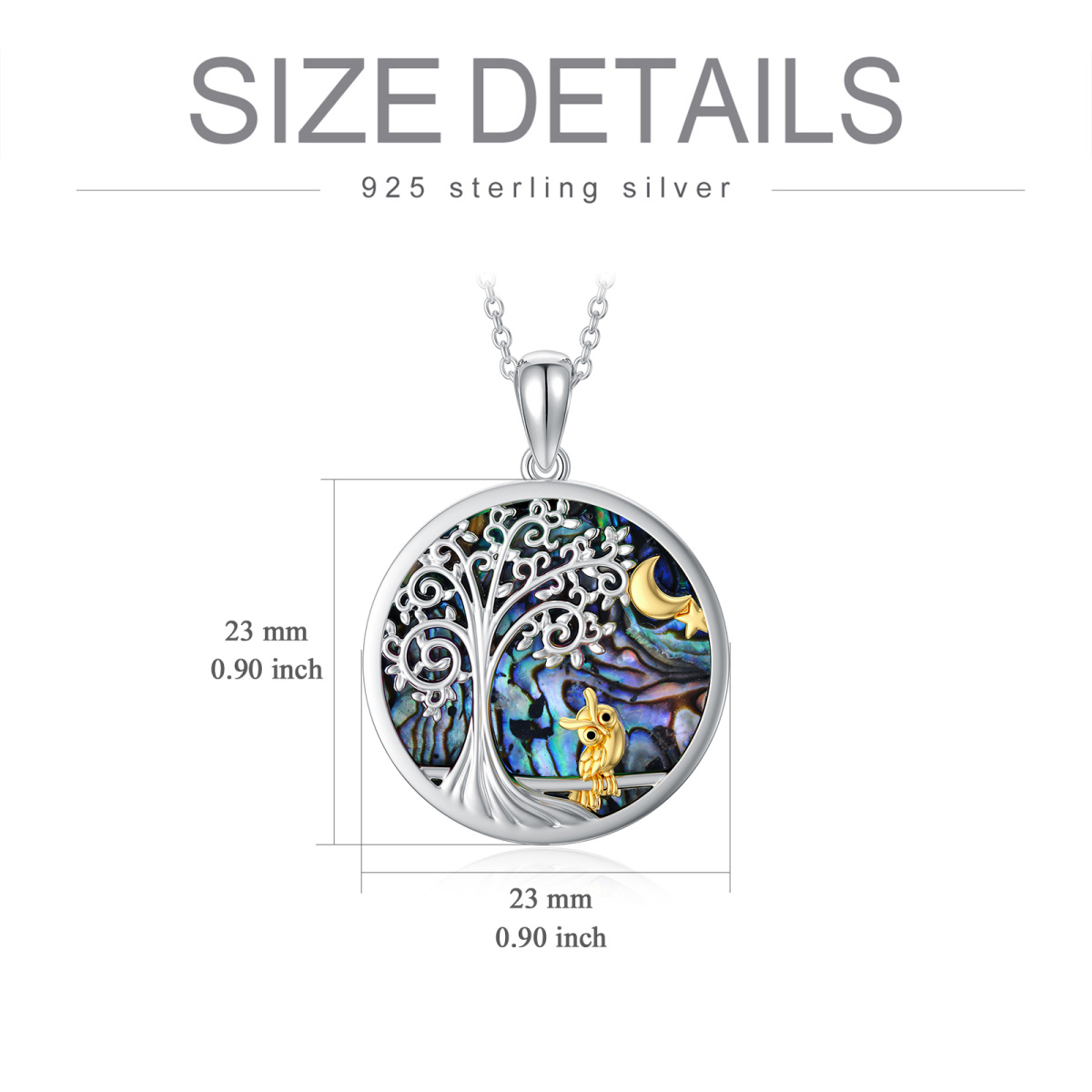 Sterling Silver Two-tone Circular Shaped Abalone Shellfish Owl & Tree Of Life Pendant Necklace-6