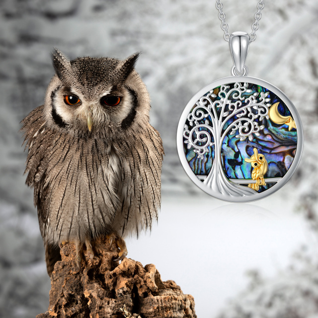 Sterling Silver Two-tone Circular Shaped Abalone Shellfish Owl & Tree Of Life Pendant Necklace-2