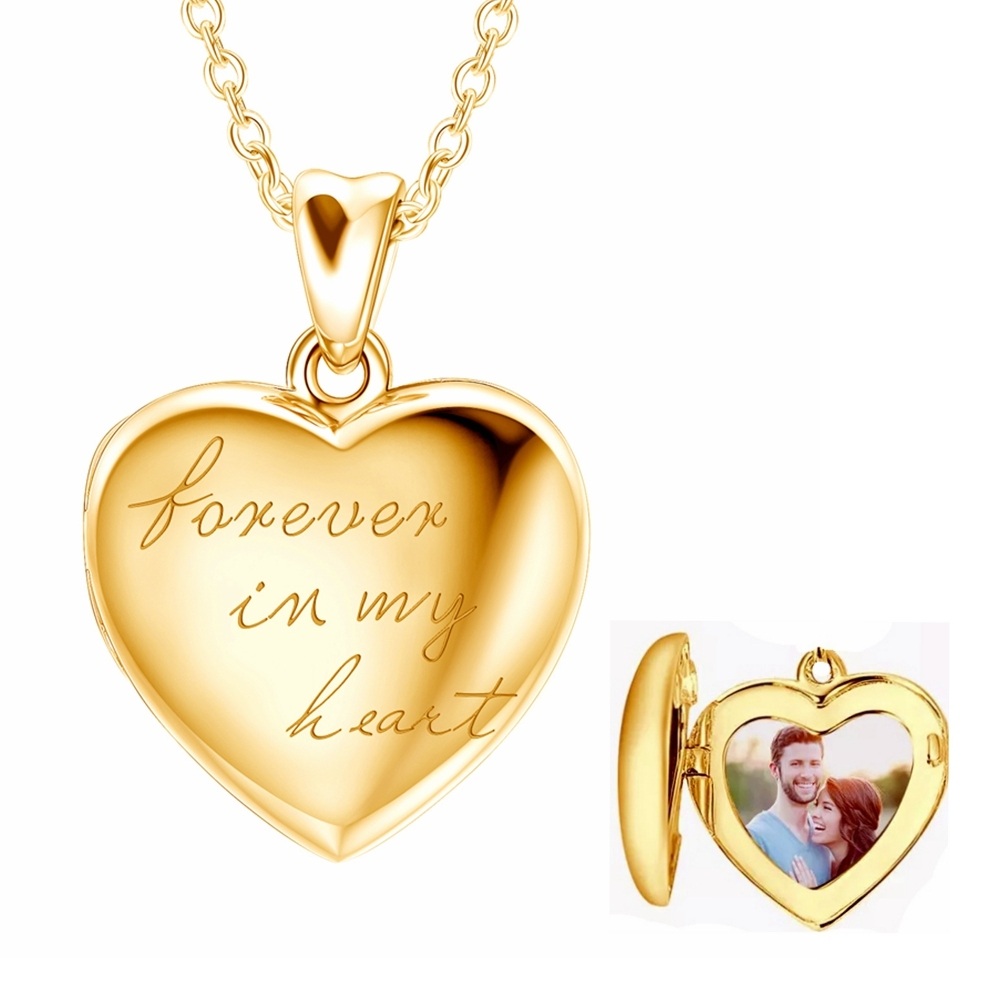 Sterling Silver with Yellow Gold Plated Personalized Photo & Heart Personalized Photo Locket Necklace with Engraved Word-1