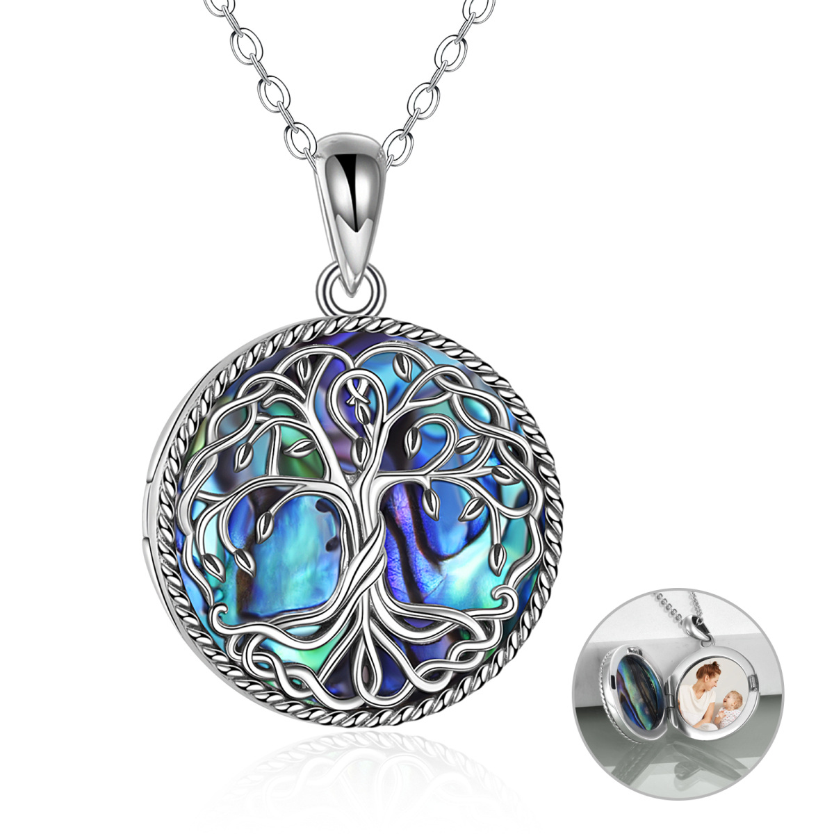 Sterling Silver Abalone Shellfish Tree Of Life Personalized Photo Locket Necklace with Engraved Word-1