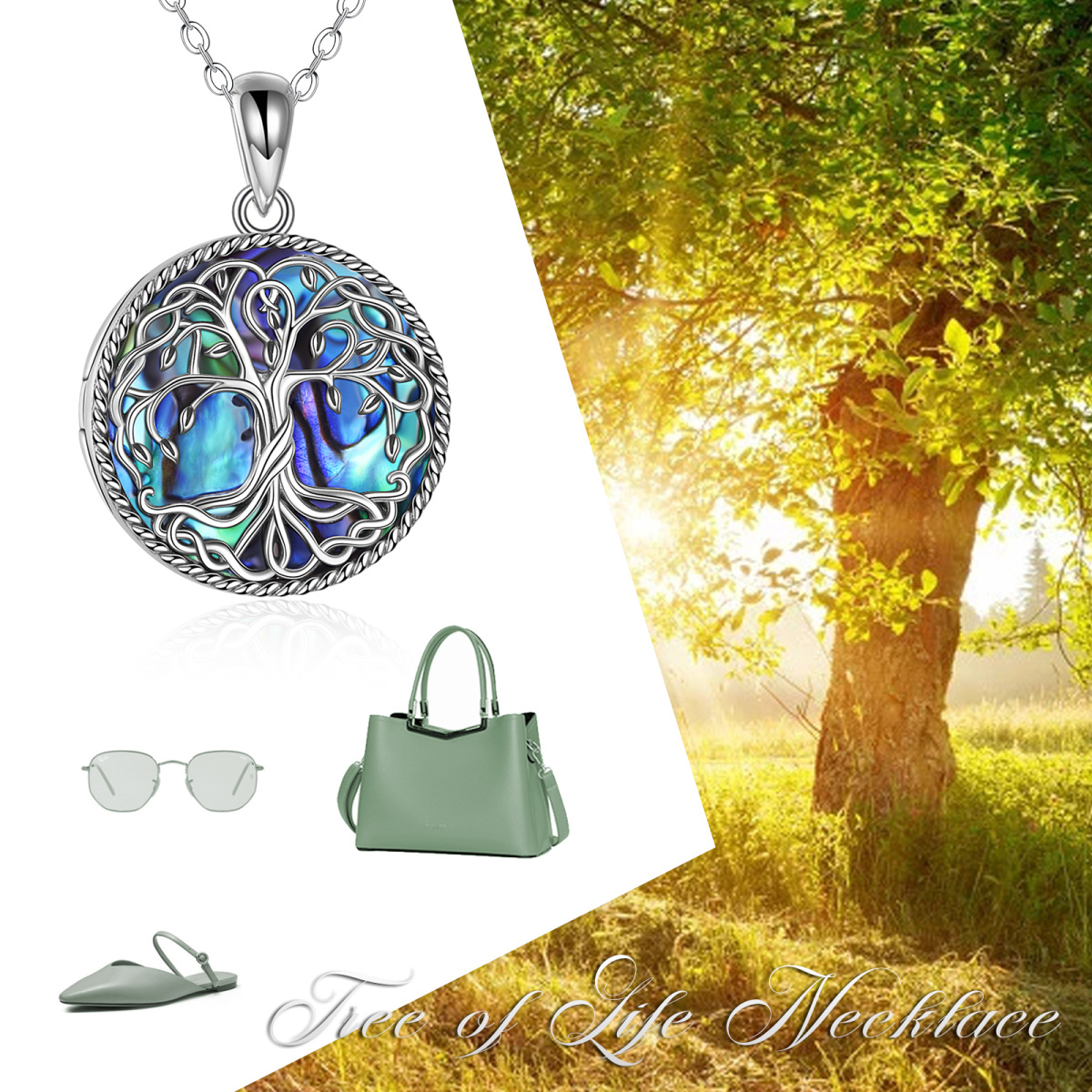 Sterling Silver Abalone Shellfish Tree Of Life Personalized Photo Locket Necklace with Engraved Word-6