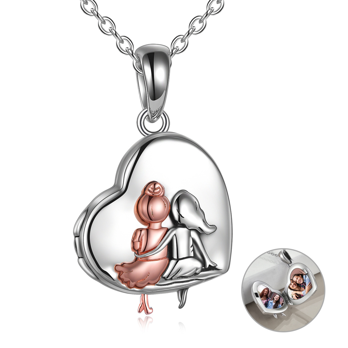 Sterling Silver Two-tone Sisters & Heart Personalized Photo Locket Necklace with Engraved Word-1