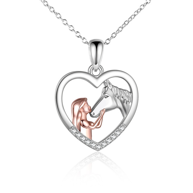 Sterling Silver Two-tone Cubic Zirconia Horse & Heart Pendant Necklace-0