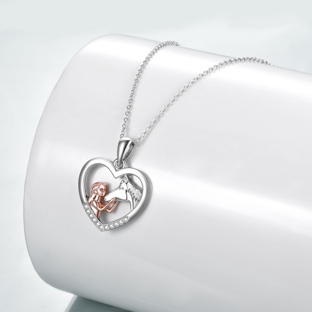 Sterling Silver Two-tone Cubic Zirconia Horse & Heart Pendant Necklace-3