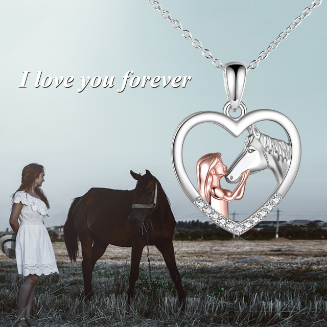 Sterling Silver Two-tone Cubic Zirconia Horse & Heart Pendant Necklace-4