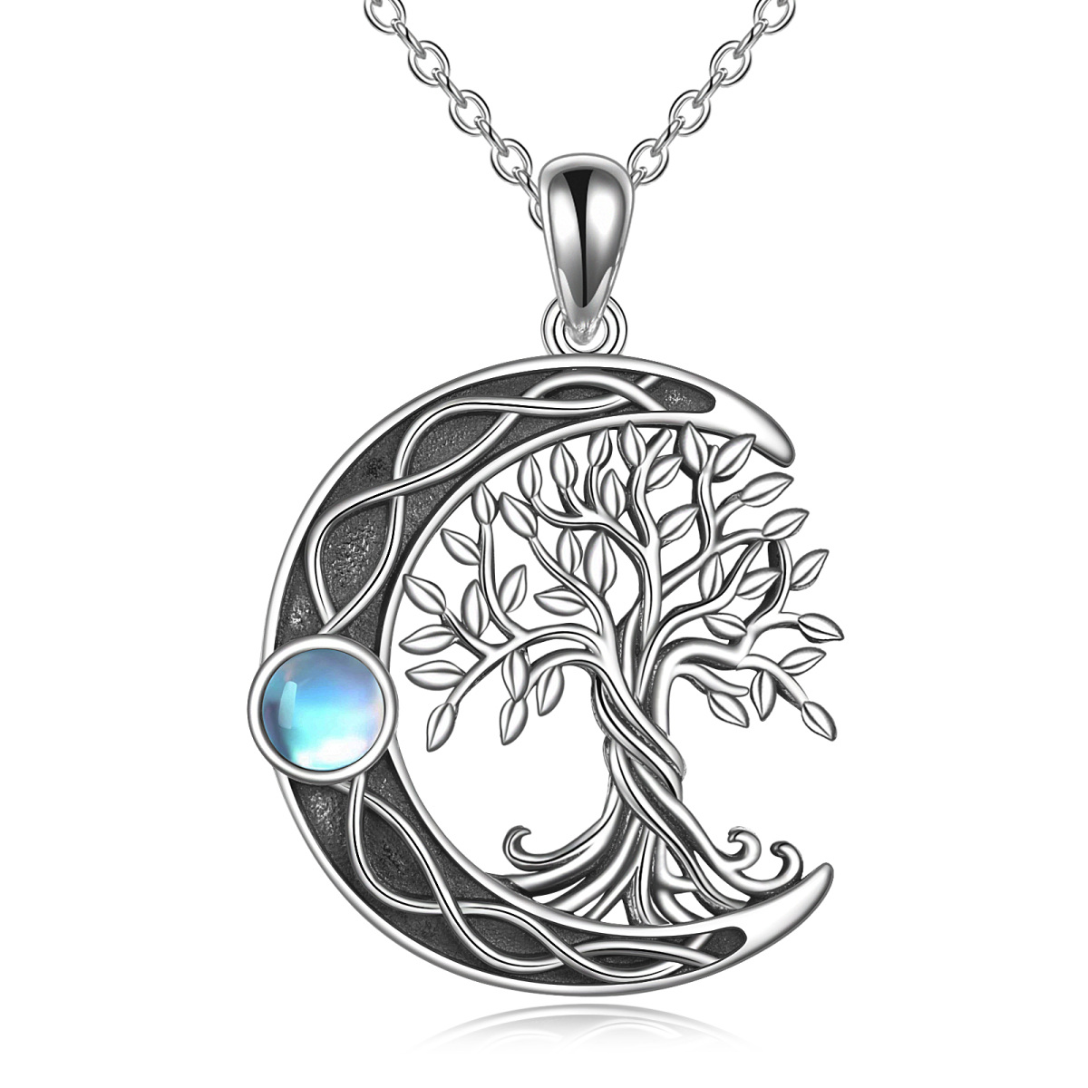 Sterling Silber Mondstein Baum des Lebens & keltischen Knoten & Mond Anhänger Halskette-1