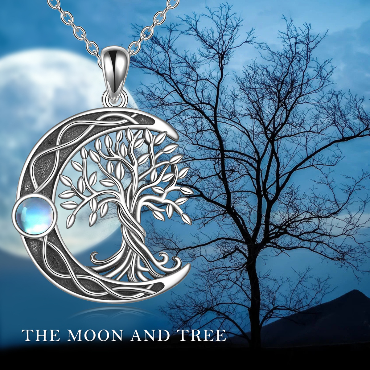 Sterling Silber Mondstein Baum des Lebens & keltischen Knoten & Mond Anhänger Halskette-7