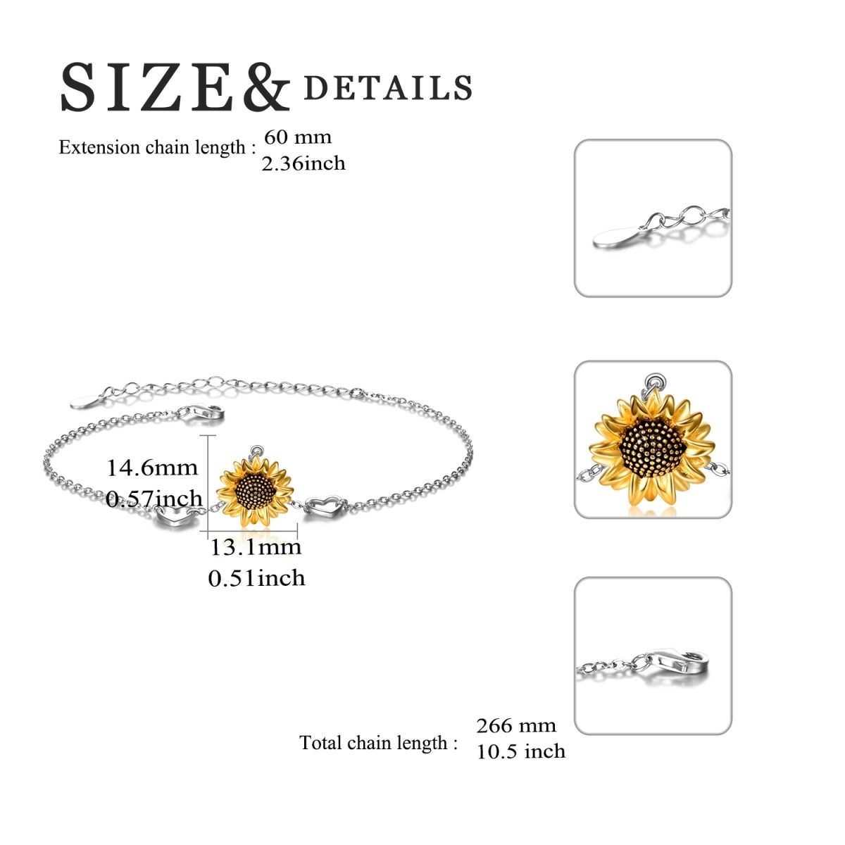 Sterling Silver Two-tone Sunflower & Heart Single Layer Anklet-5
