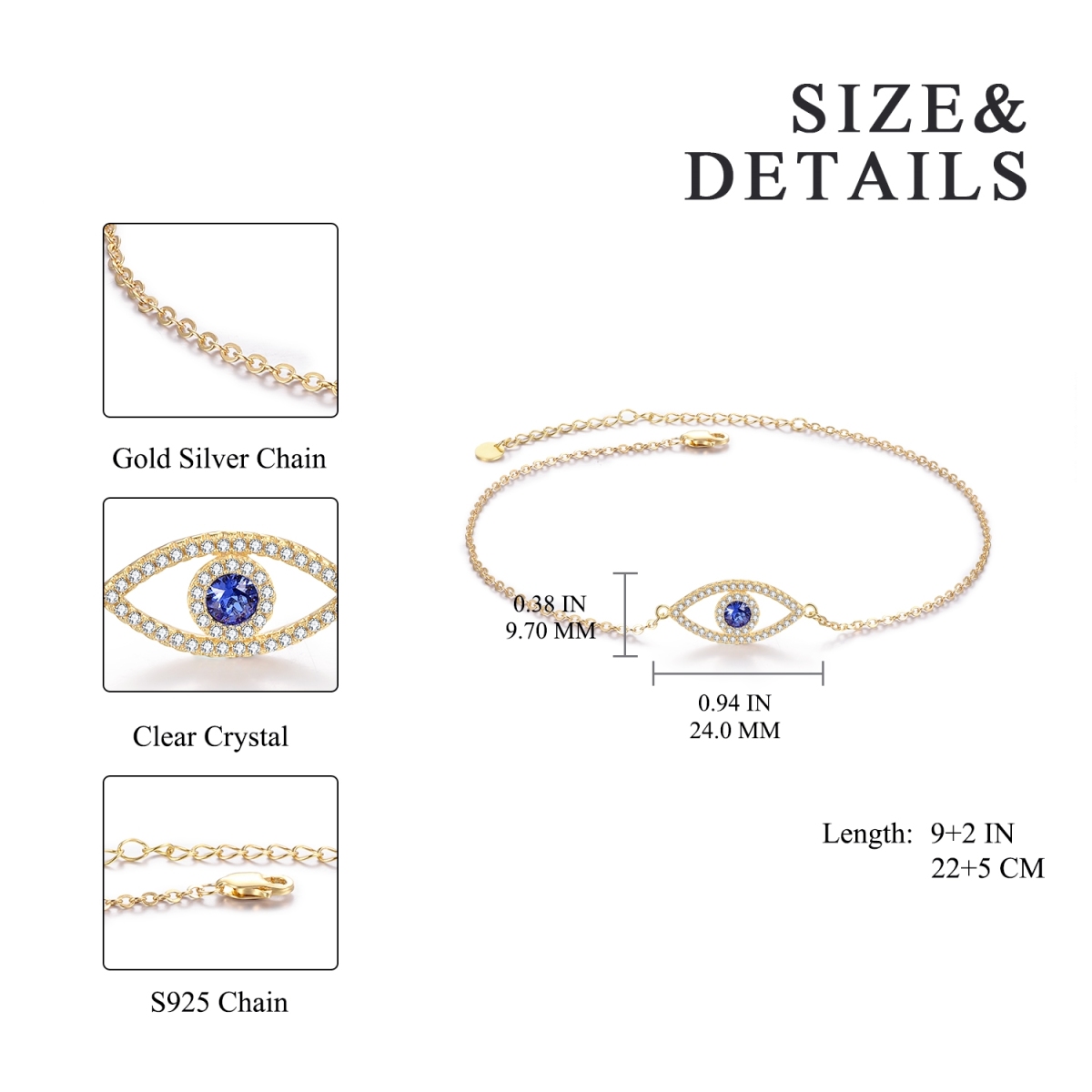 Sterling Silver with Yellow Gold Plated Circular Shaped Crystal Evil Eye Single Layer Anklet-5