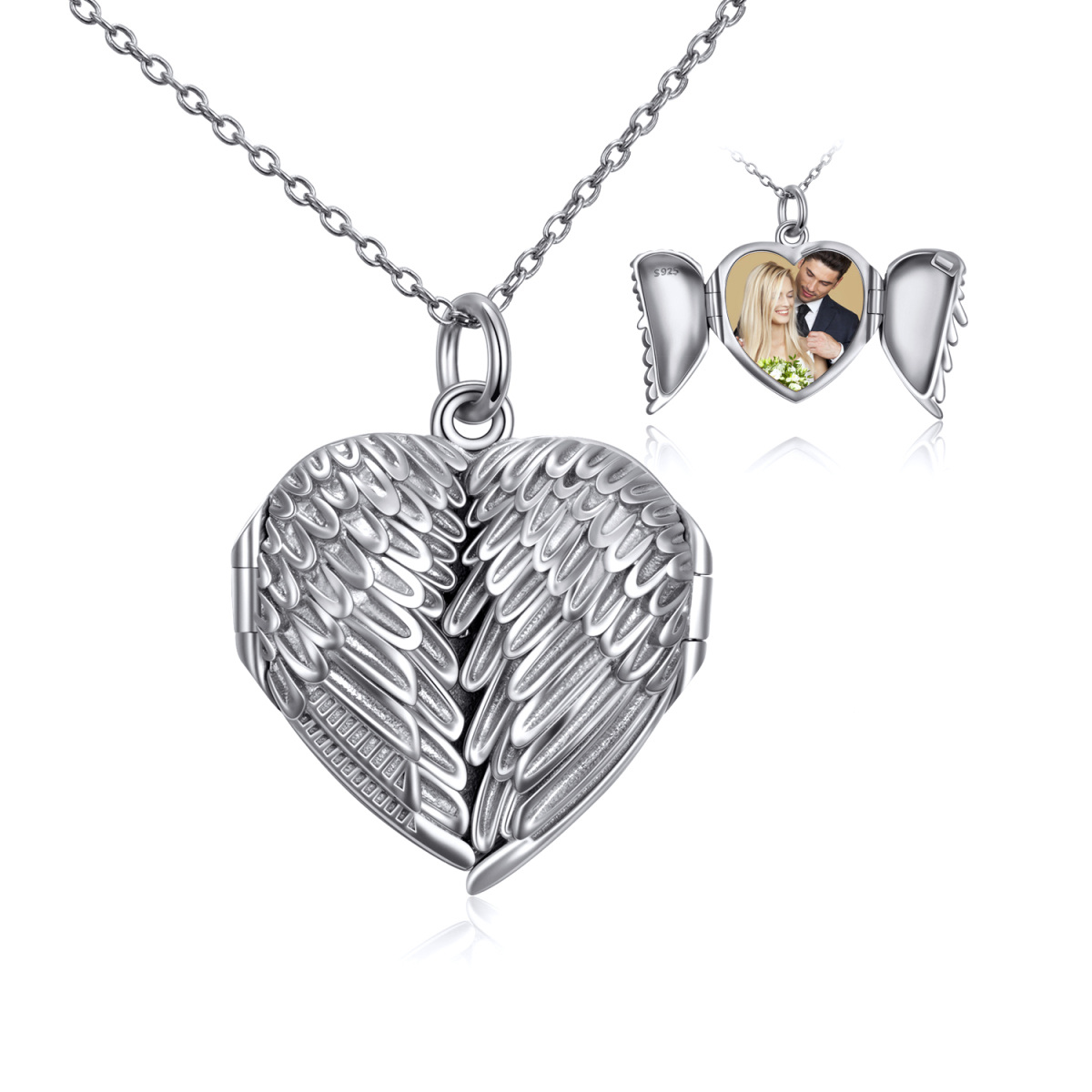 Plata de Ley Angel Wings Corazón Personalizado Foto Locket Collar-1