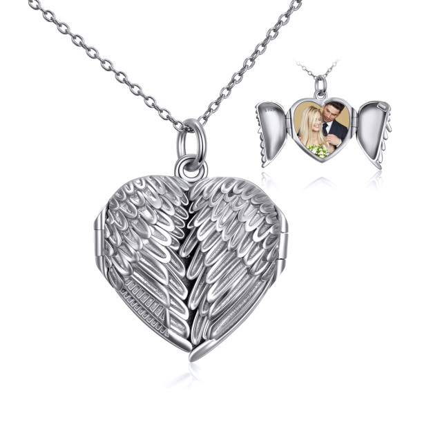 Sterling Silver Angel Wings Heart Personalized Photo Locket Necklace-0
