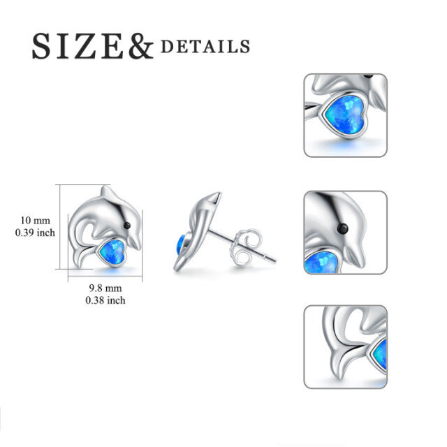 Sterling Silver Heart Shaped Opal Dolphin Stud Earrings-5