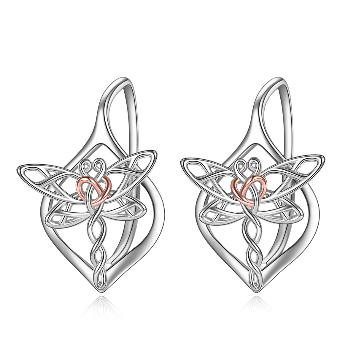 Sterling Silver Two-tone Dragonfly & Celtic Knot Lever-back Earrings-1