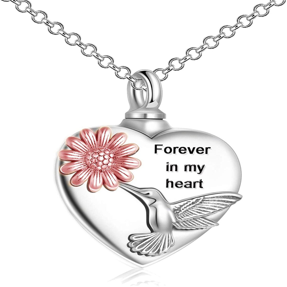 Sterling Silver Two-tone Hummingbird & Sunflower & Heart Urn Necklace for Ashes-1