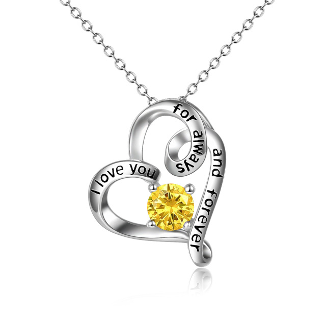 Sterling Silver Circular Shaped Cubic Zirconia Heart Pendant Necklace with Engraved Word-0