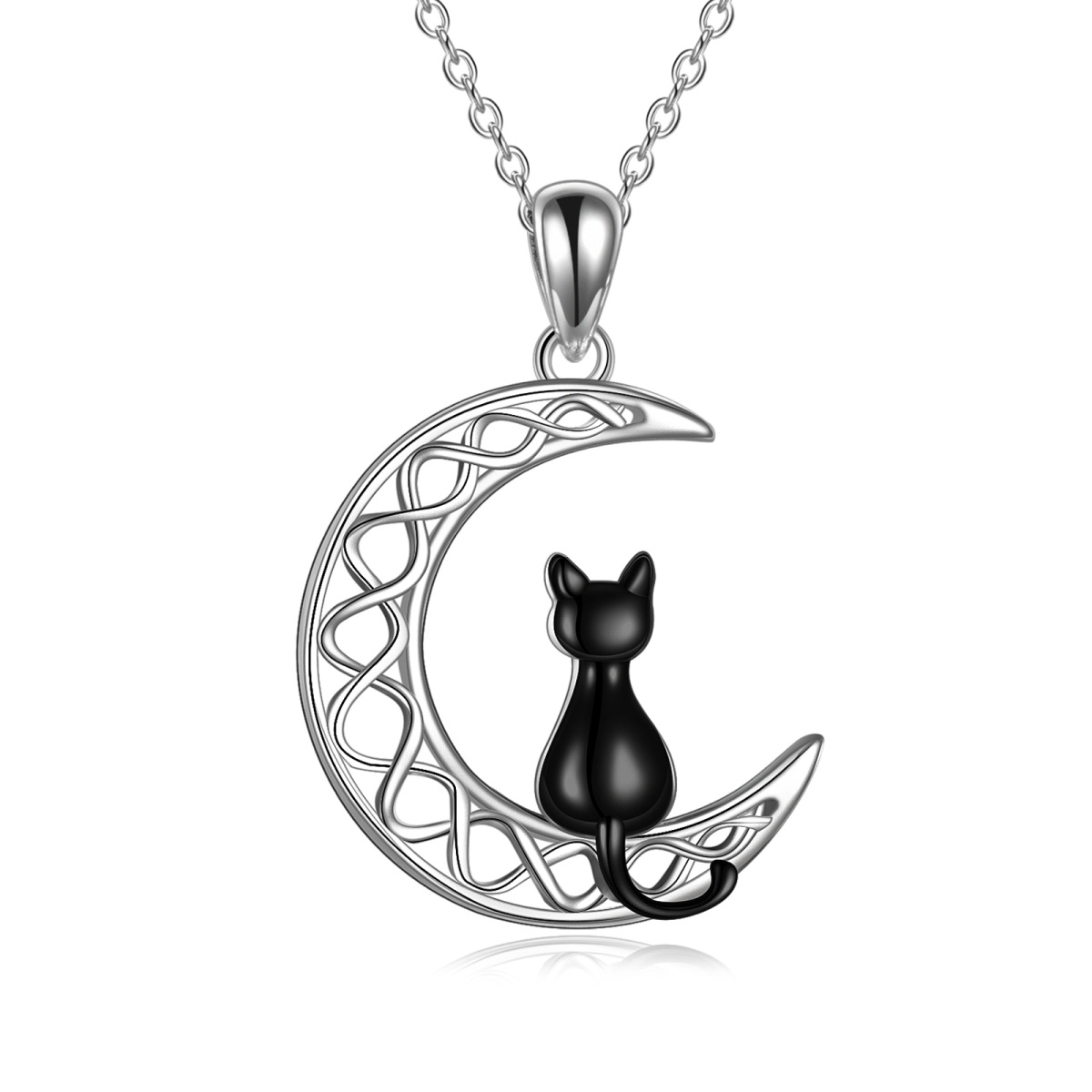 Sterling Silver Two-tone Black Cat & Celtic Knot Moon Pendant Necklace-1