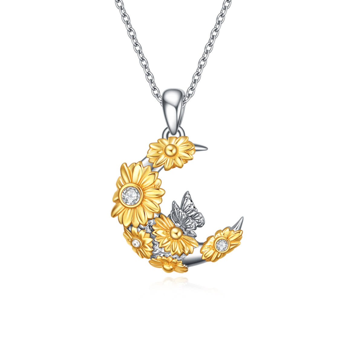 Sterling Silver Two-tone Circular Shaped Cubic Zirconia Butterfly & Sunflower & Moon Pendant Necklace-1