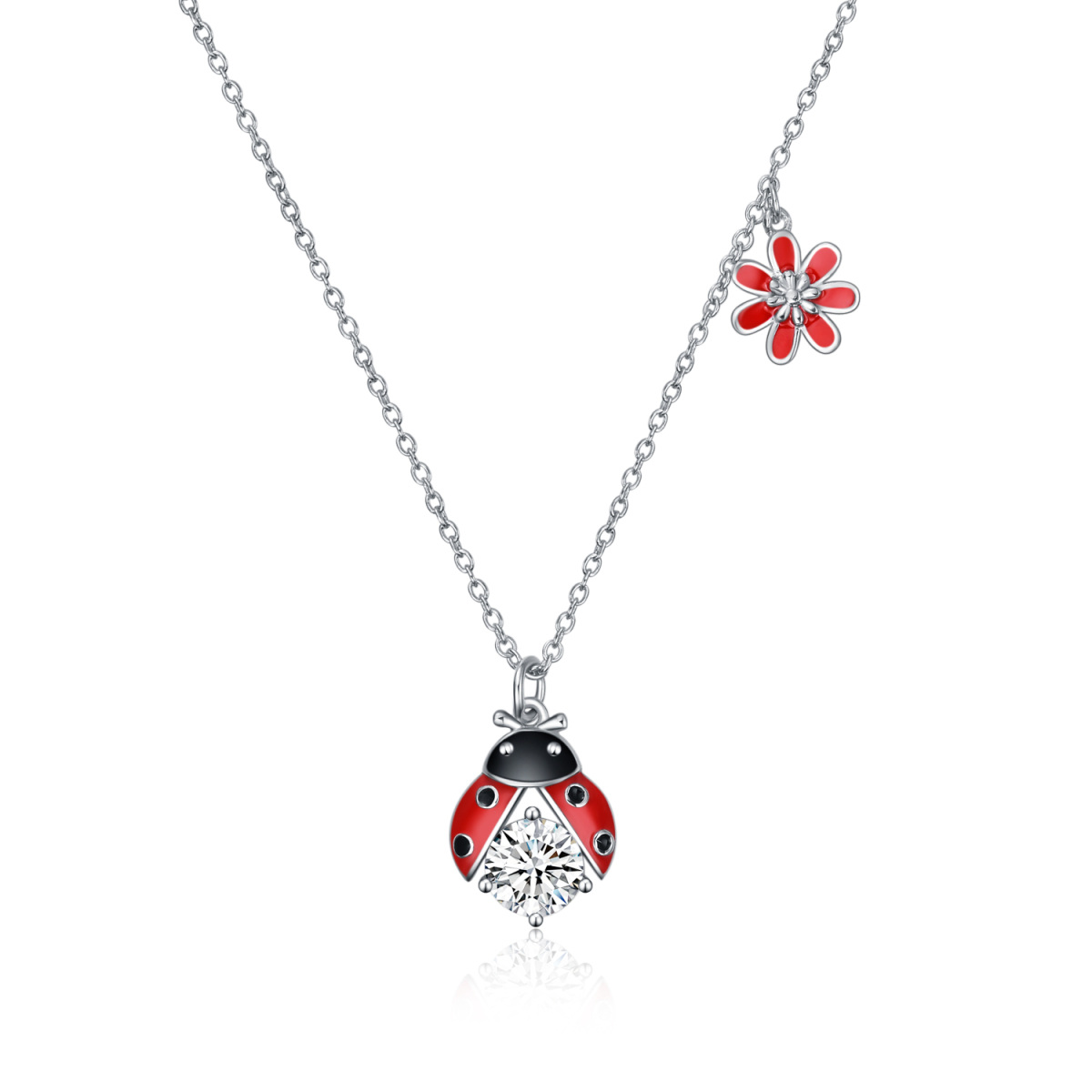 Sterling Silver Cubic Zirconia Ladybug & Flower Pendant Necklace-1