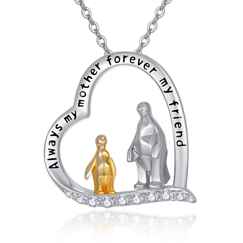 Sterling Silver Two-tone Cubic Zirconia Penguin Heart Pendant Necklace with Engraved Word-1