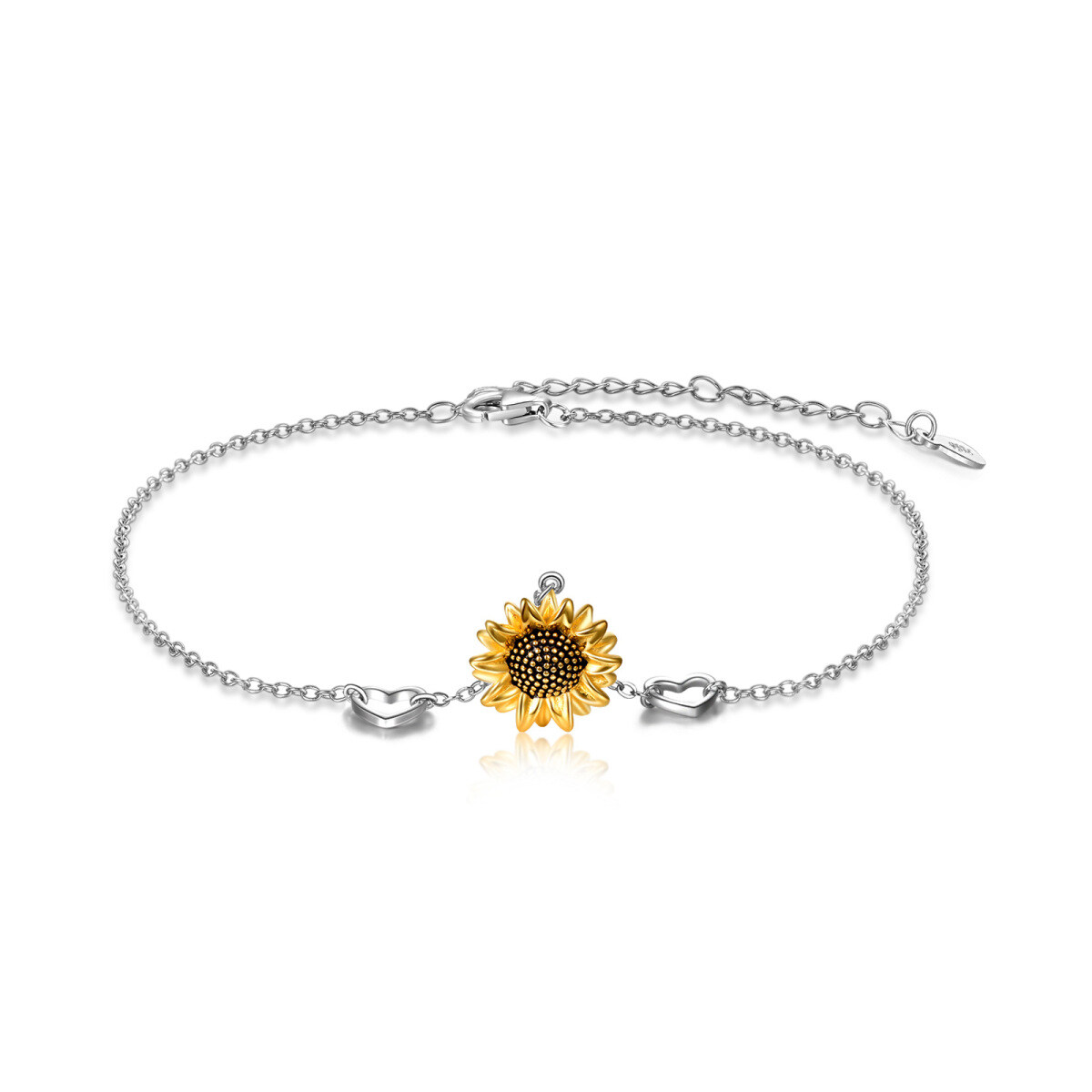 Sterling Silver Two-tone Sunflower & Heart Single Layer Anklet-1