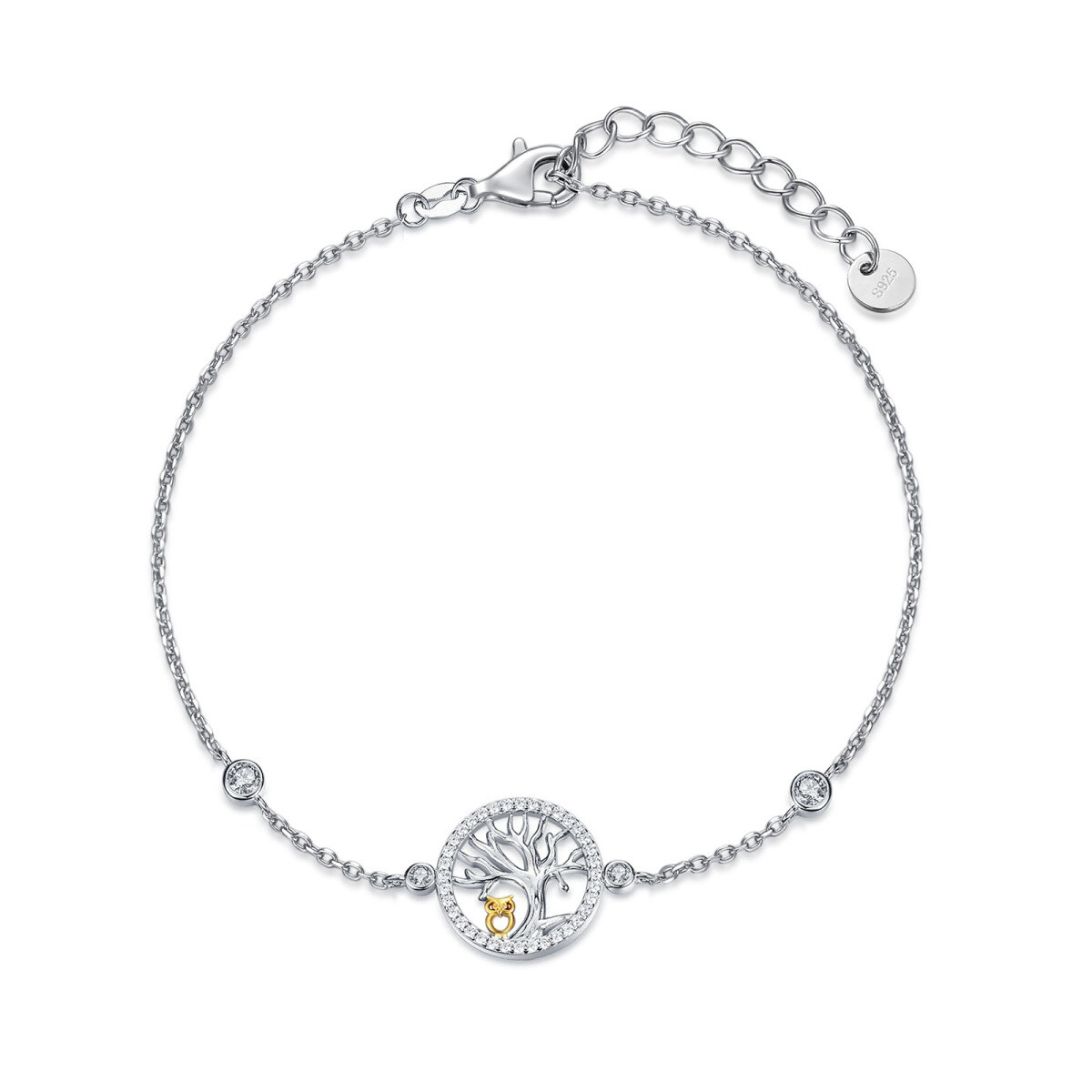 Sterling Silver Two-tone Cubic Zirconia Owl & Tree Of Life Pendant Bracelet-1