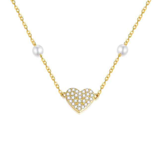 Collier pendentif coeur en or 14K Moissanite et perle-0