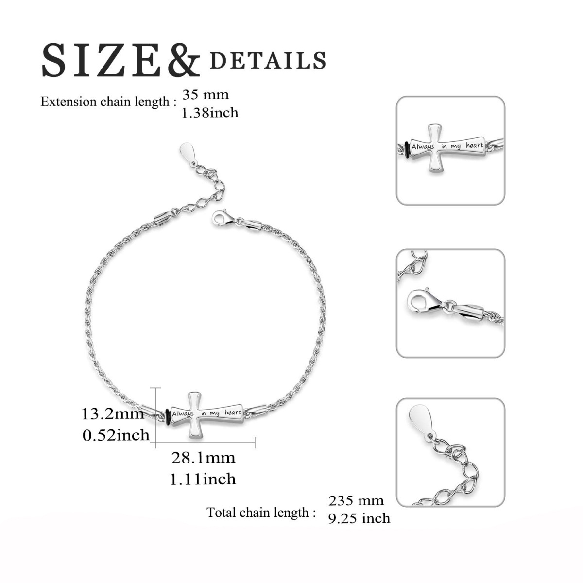 Sterling Silver Cross Urn Bracelet for Ashes with Engraved Word-5