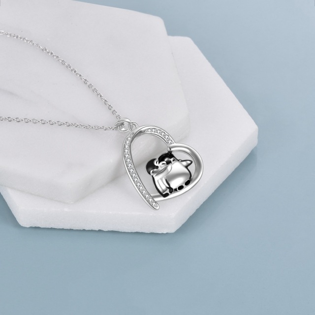 Sterling Silver Cubic Zirconia Hugging Penguins & Heart Pendant Necklace-4