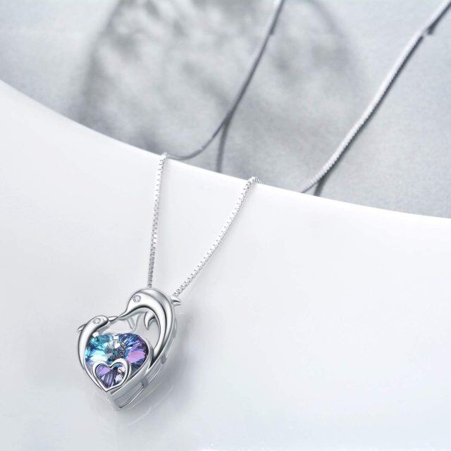 Sterling Silver Heart Shaped Crystal Couple Dolphin Pendant Necklace-3