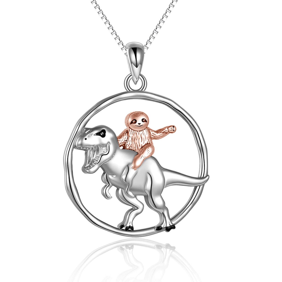 Sterling Silver Two-tone Dinosaur & Sloth Pendant Necklace-1