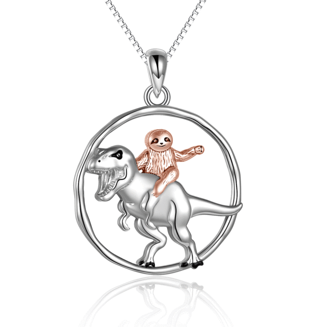 Sterling Silver Two-tone Dinosaur & Sloth Pendant Necklace-5