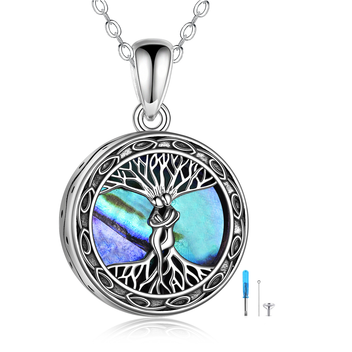 Sterling Silber Abalone Muscheln Baum des Lebens Urne Halskette mit eingraviertem Wort-1