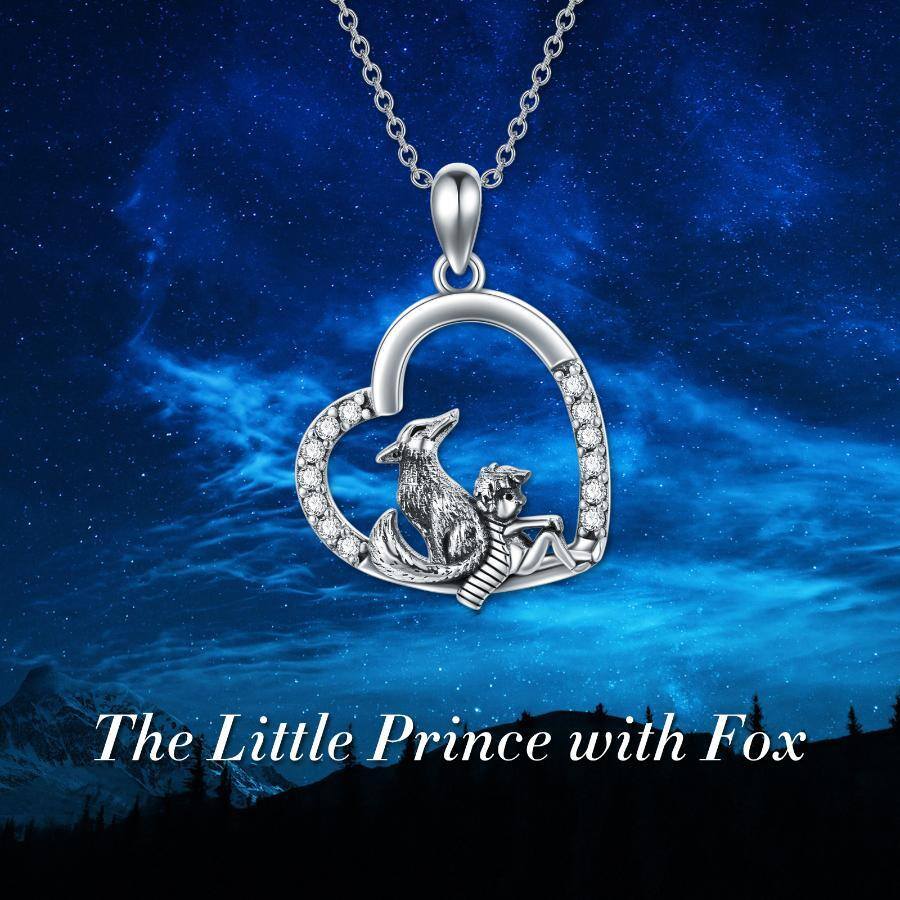Sterling Silver Cubic Zirconia Little Prince & Fox Heart Pendant Necklace-6