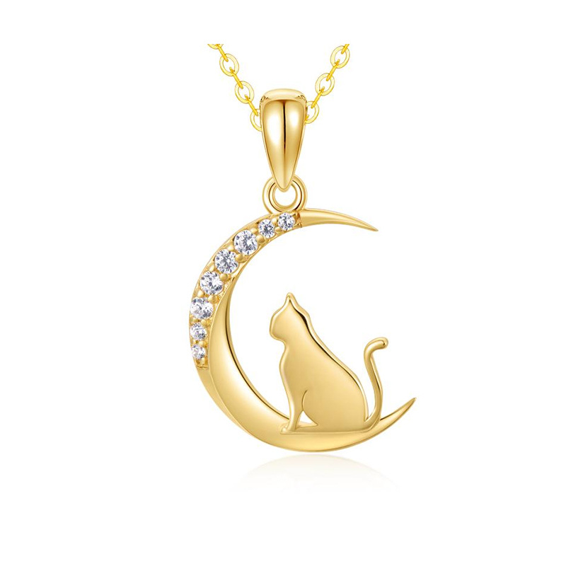 14K Gold Cubic Zirconia Cat & Moon Pendant Necklace with Solid Gold Chain-1