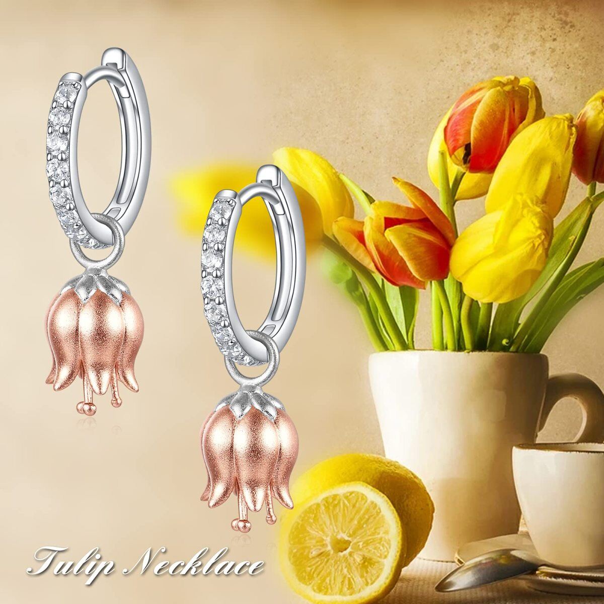 Sterling Silver Two-tone Circular Shaped Cubic Zirconia Tulip Drop Earrings-6
