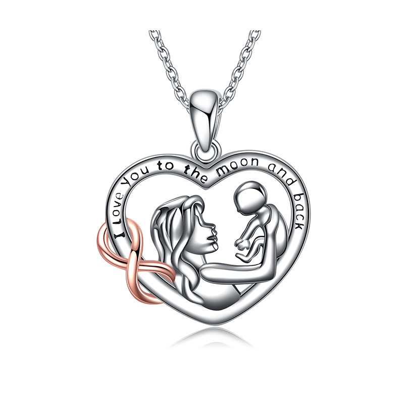 Sterling Silver Two-tone Mother Heart Pendant Necklace with Engraved Word-1