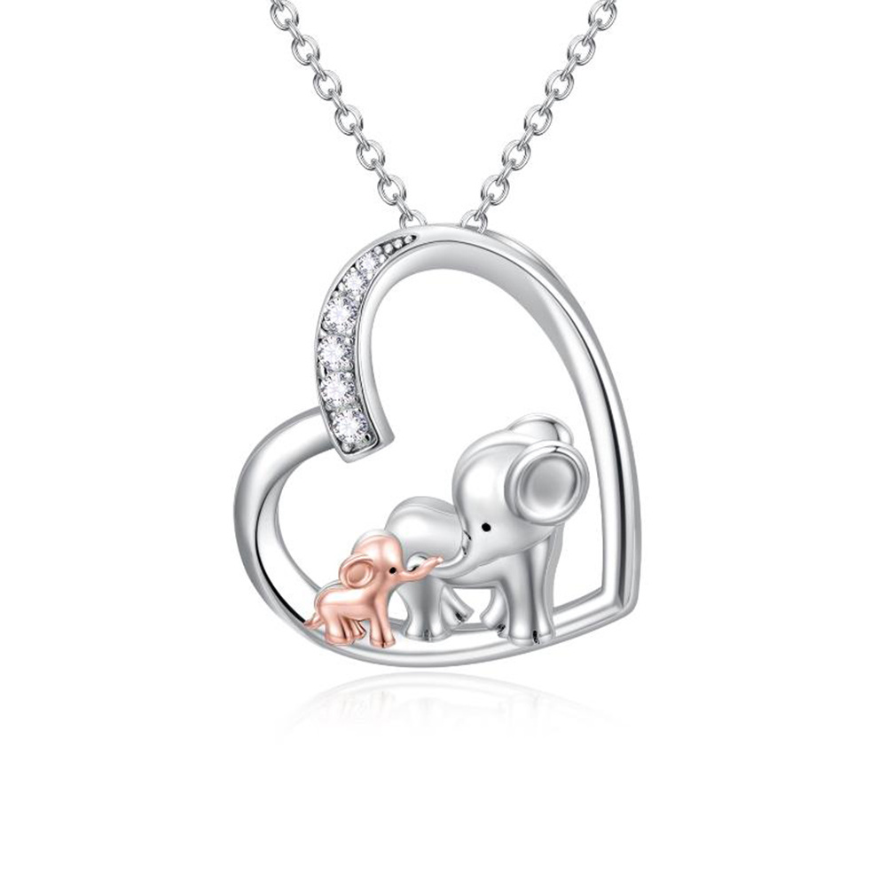 Collar de plata de ley de dos tonos de circonita cúbica Elefante Madre y Bebé Corazón Colgante-1