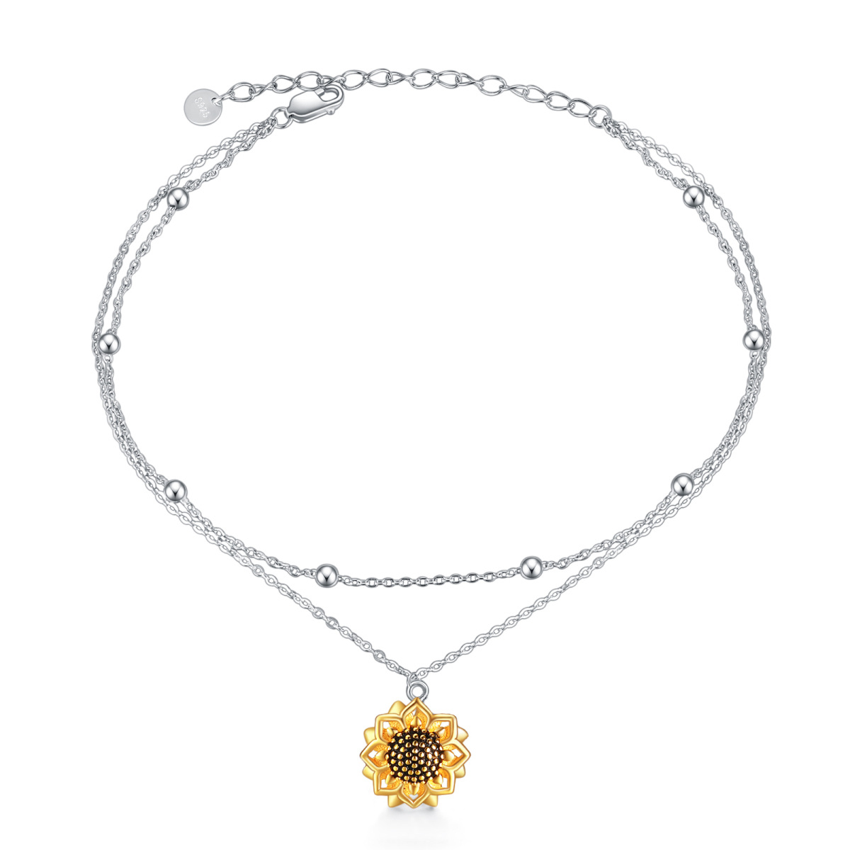 Sterling Silver Two-tone Sunflower Multi-layered Chain Anklet-1