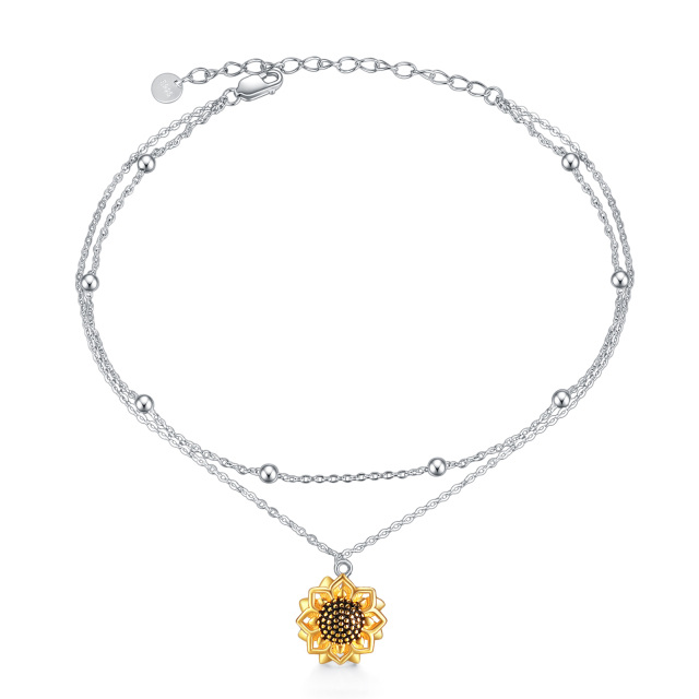 Sterling Silver Two-tone Sunflower Multi-layered Chain Anklet-1