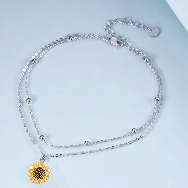 Cavigliera a catena multistrato con girasole bicolore in argento sterling-4