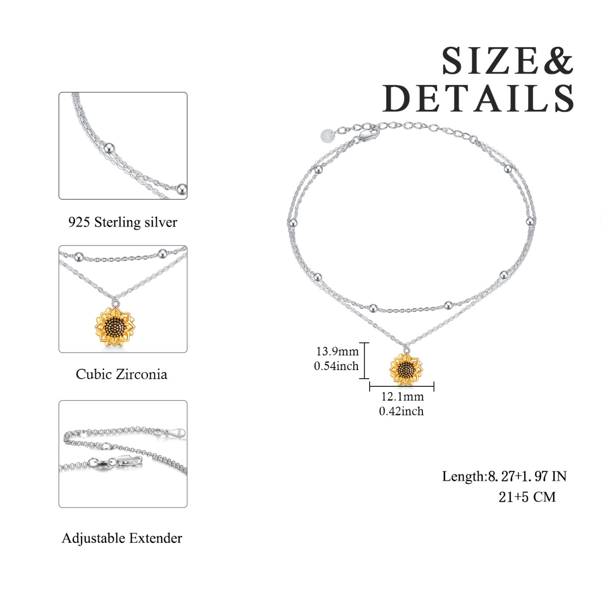 Sterling Silver Two-tone Sunflower Multi-layered Chain Anklet-5