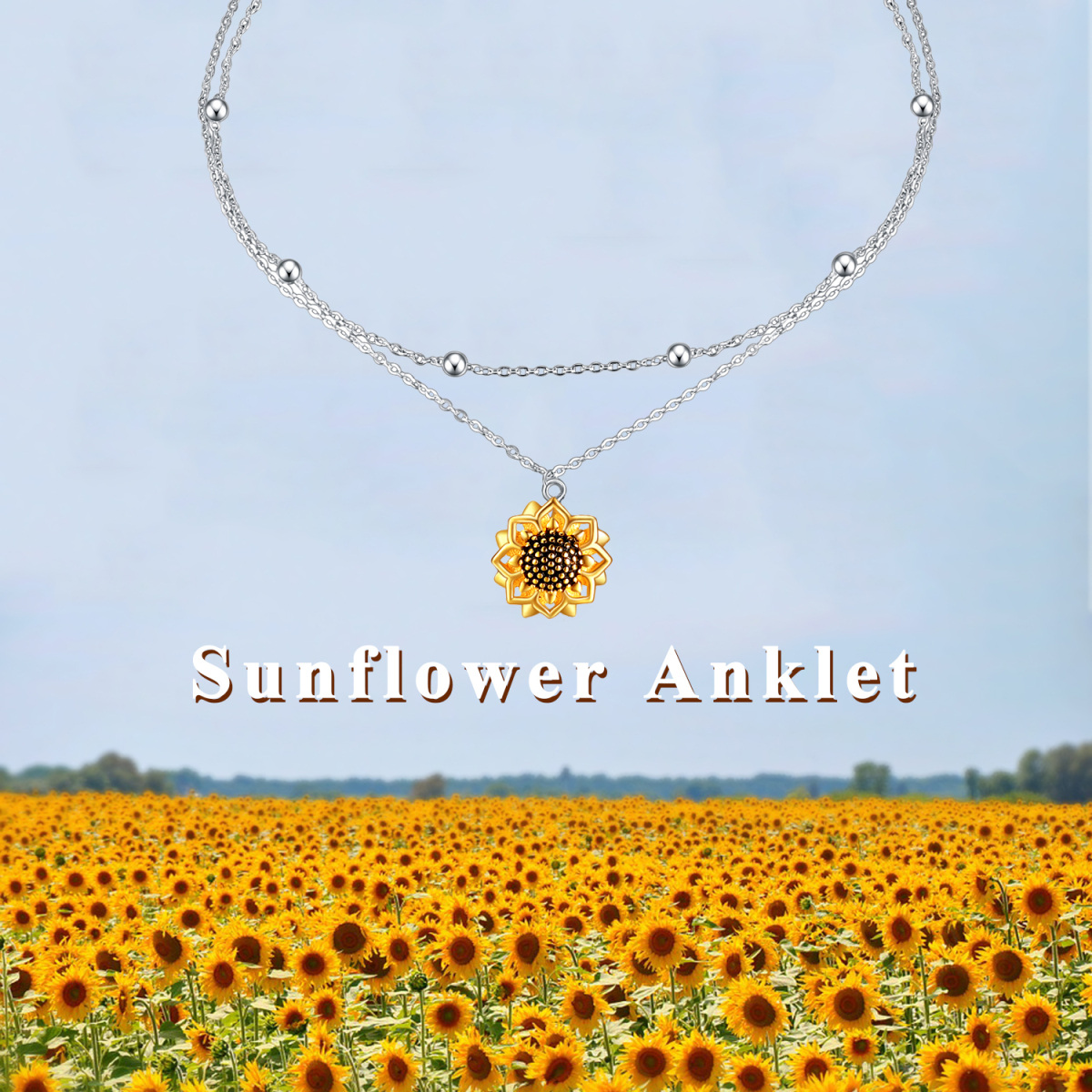 Sterling Silver Two-tone Sunflower Multi-layered Chain Anklet-6