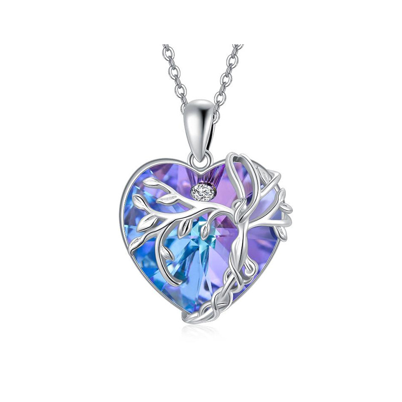 Sterling Silver Circular Shaped & Heart Shaped Tree Of Life & Heart Crystal Pendant Necklace-1