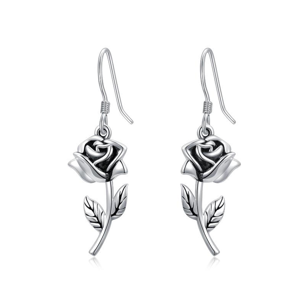 Sterling Silver Rose Drop Earrings-1