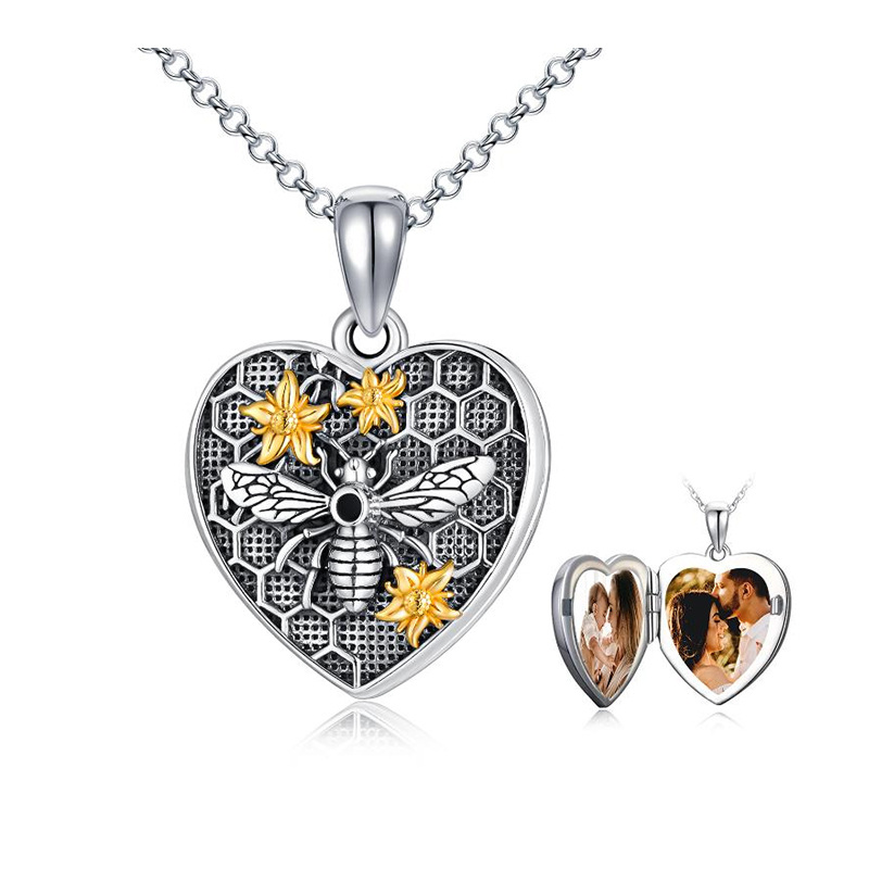 Sterling Silver Bees Personalized Photo Locket Necklace with Engraved Word-1