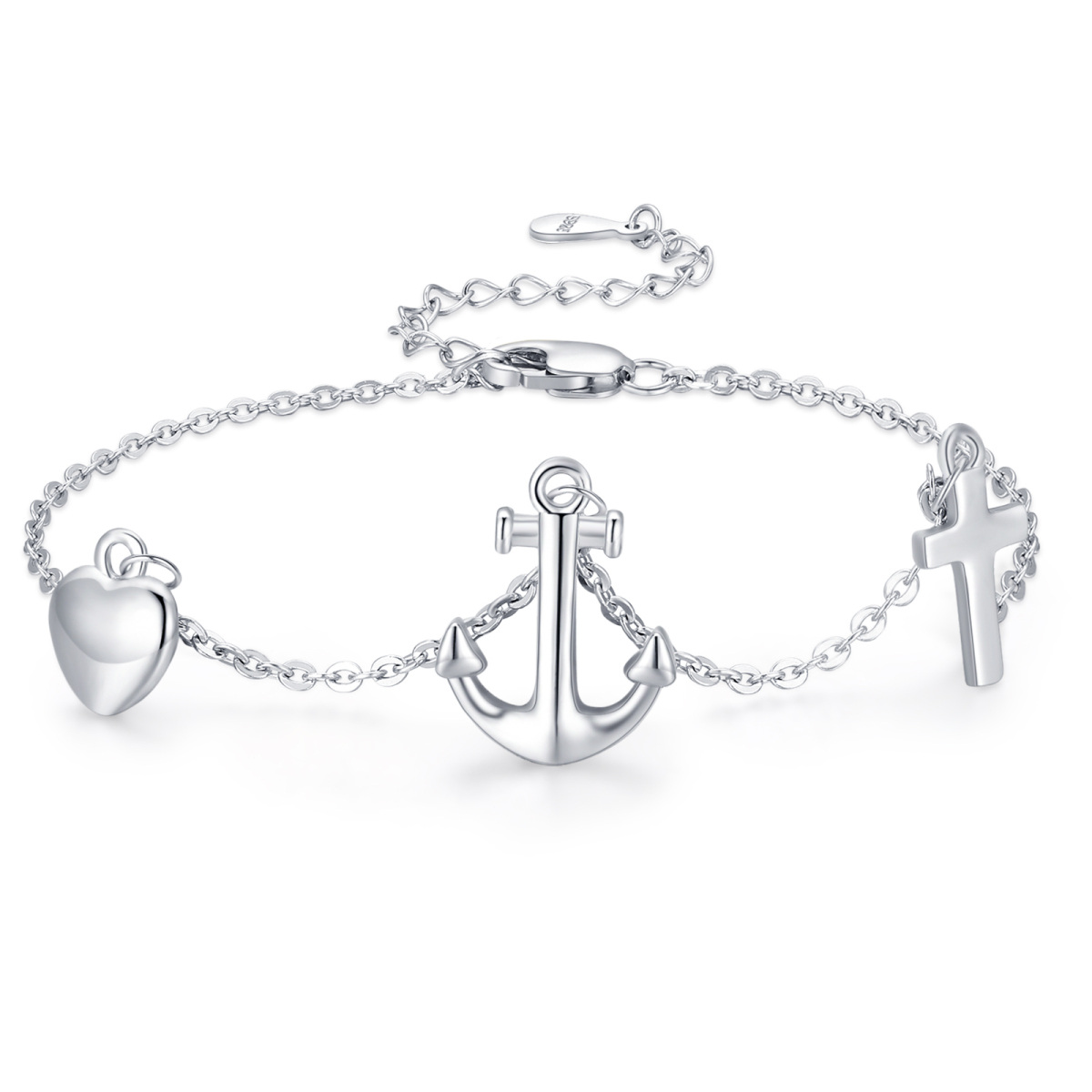 Sterling Silver Anchor & Cross & Heart Curb Link Chain Bracelet-1
