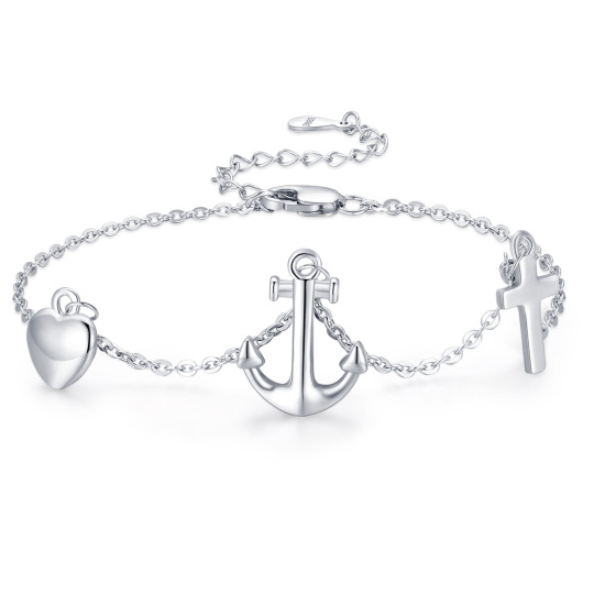Sterling Silver Anchor & Cross & Heart Curb Link Chain Bracelet