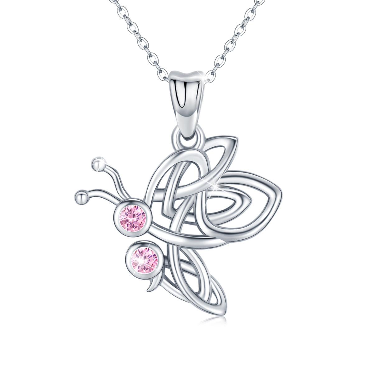 Sterling Silver Pink Cubic Zirconia Celtic Knot Butterfly Pendant Necklace-1