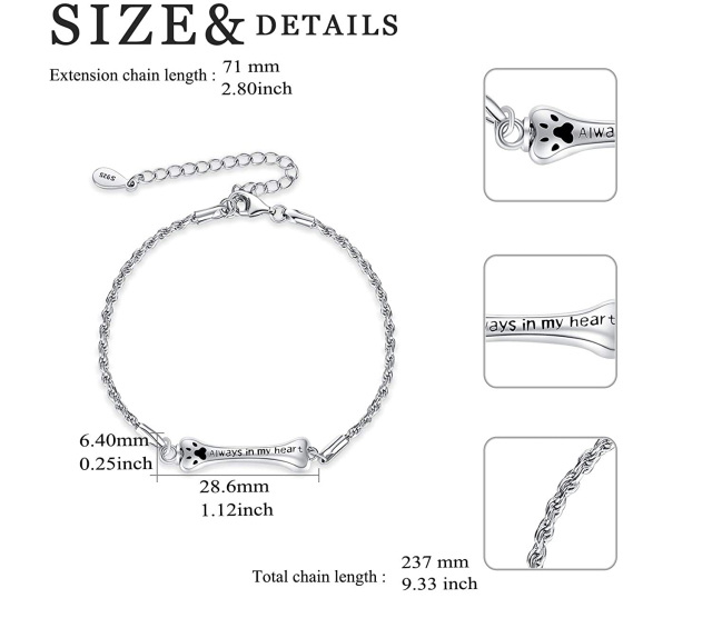 Sterling Silver Paw Urn Bracelet for Ashes with Engraved Word-4